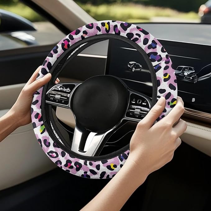 Universal Non-Slip Steering Wheel Cover, 15-inch Polyester Material Driving Accessories, Adjustable for Car and Truck(Vintage Lavender Colorful Leopard)