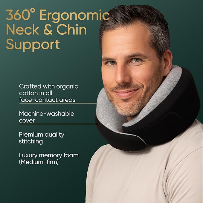 Proglobe Luxe Memory Foam Travel Neck Pillow for Airplanes, Ergonomic 360° Support with Soft Chin Support, Organic Cotton Cover, Compact Compression Bag, Charcoal Black