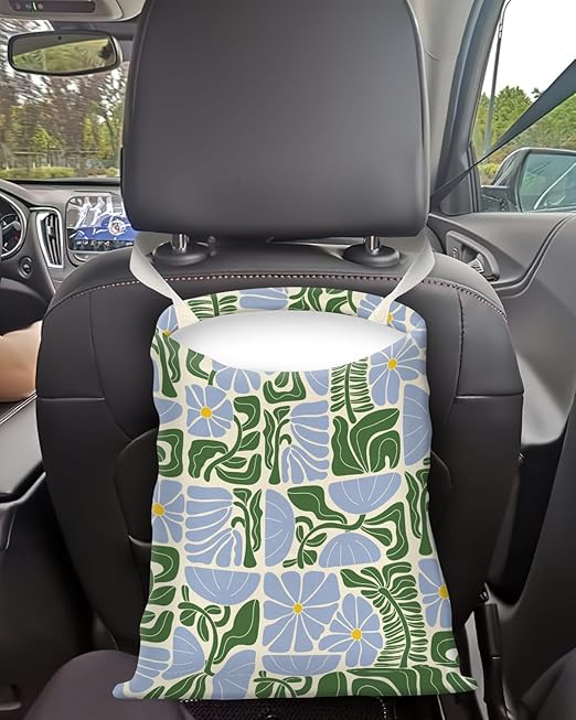 Car Trash Can, Seat Back Hanging Trash Bag, Cute Canvas Garbage Bag, Essential Car Trash Bin Cars Organizers Floral Leaves