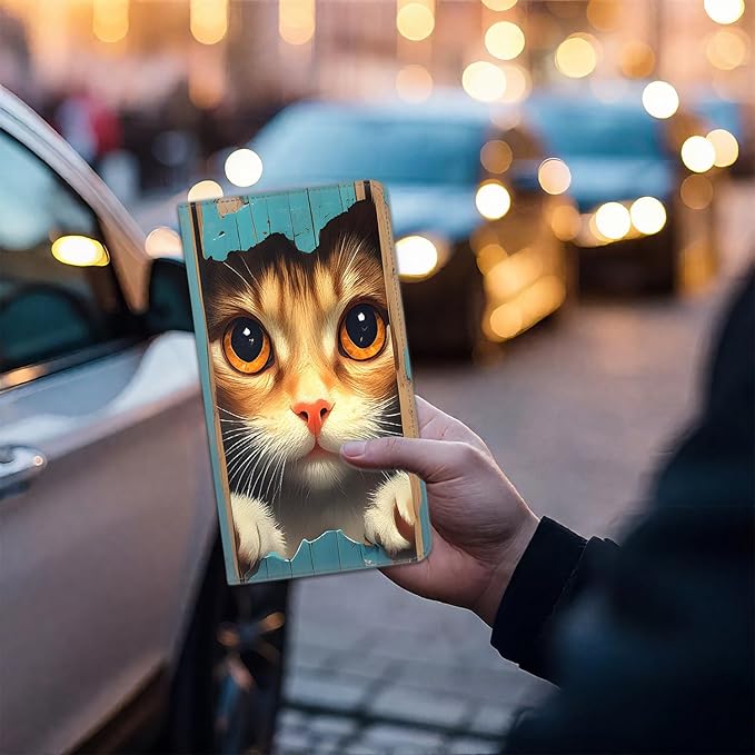 Car Registration and Insurance Card Holder for Women Men, Waterproof PU Leather Glove Box Car Organizer with Magnetic Shut, Vehicle Document Holder for Driver License,Cards, Cute Cat Wooden Board