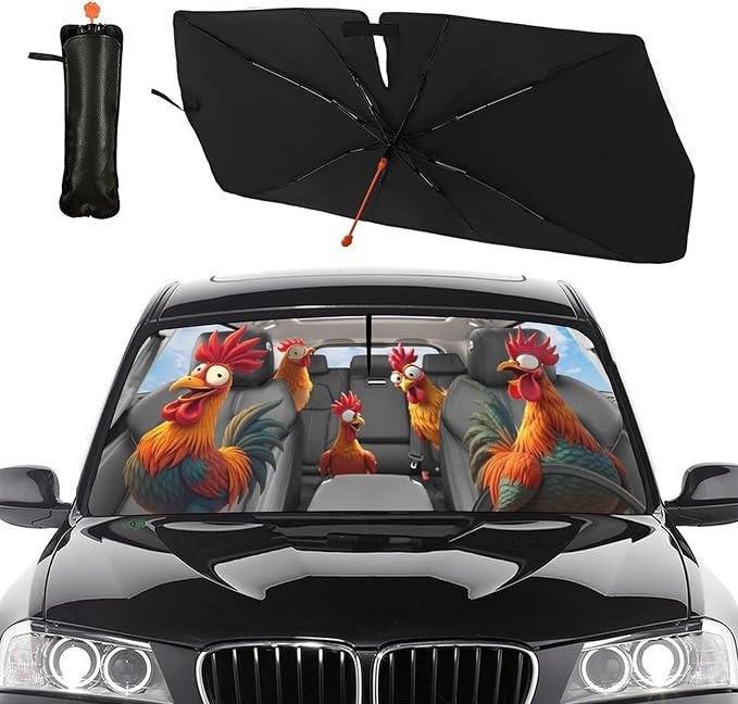 DOPINDU Funny Rooster Car Windshield Sun Shade Umbrella Bendable Handle Foldable Animals Chicken Sunshade for Car Windshield Block UV Rays Keep Vehicle Cool for Most Sedans SUV Trucks Cars 57"x30"