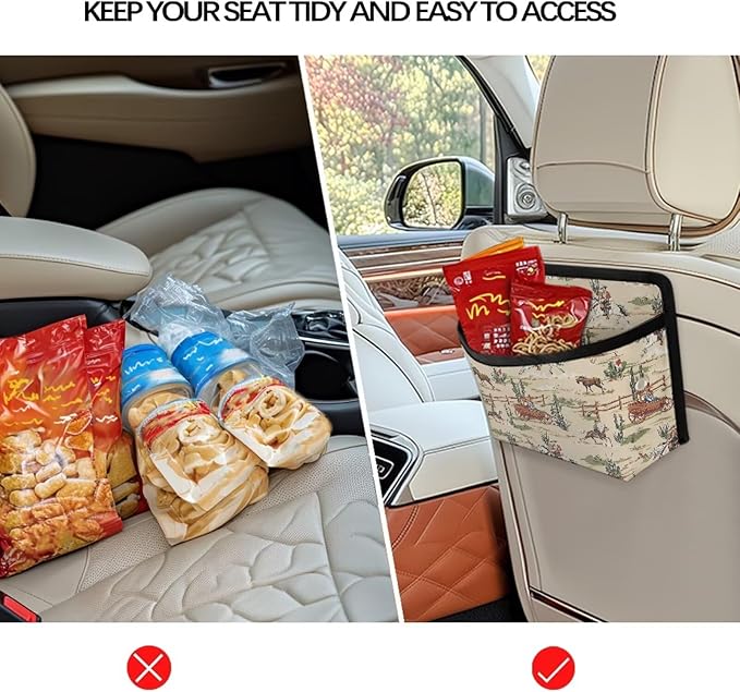 Renewold Car Side Pocket Organizer, Cowboy Cactus Print, Auto Front Rear Seat Storage Bag for Cell Phone Sunglasses Coins, Document Holder Tray Pouch for Vehicle Seat, Women Men Car Accessories