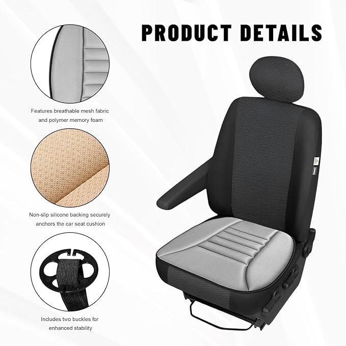 Sun Walker Car Seat Cushion, 1.2" Thick Memory Foam Auto Seat Protector Pressure Relief Pad, Nonslip Bottom Mat Comfort Driving Seats Cover for Truck SUV Sedan, Car Accessories (Gray)