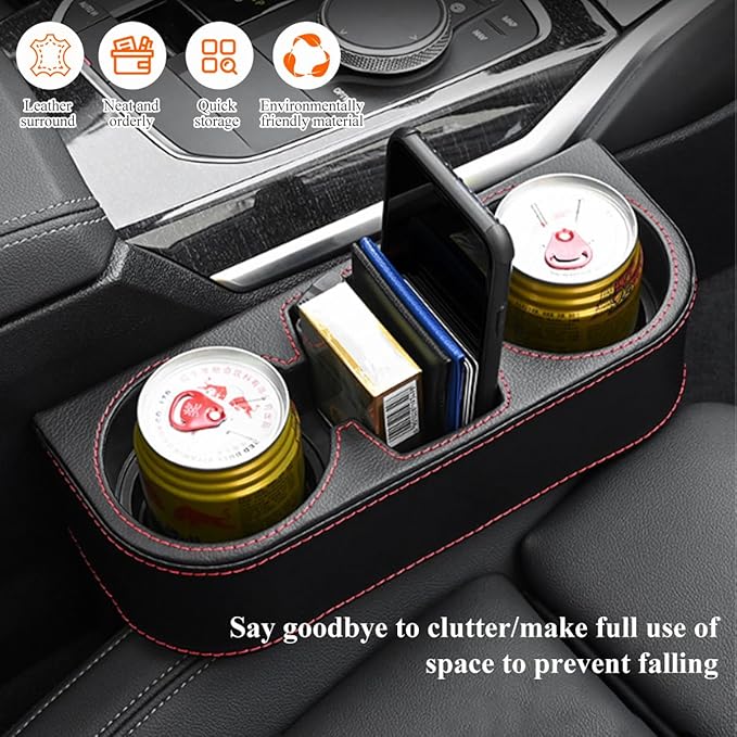 Car Cup Holder Gap Filler Organizer, Multifunctional Auto Front Console Gap Filler with Cup Holder, Leather Extra Cup Holder Storage Box for Car Truck SUV, Car Accessories (Beige)