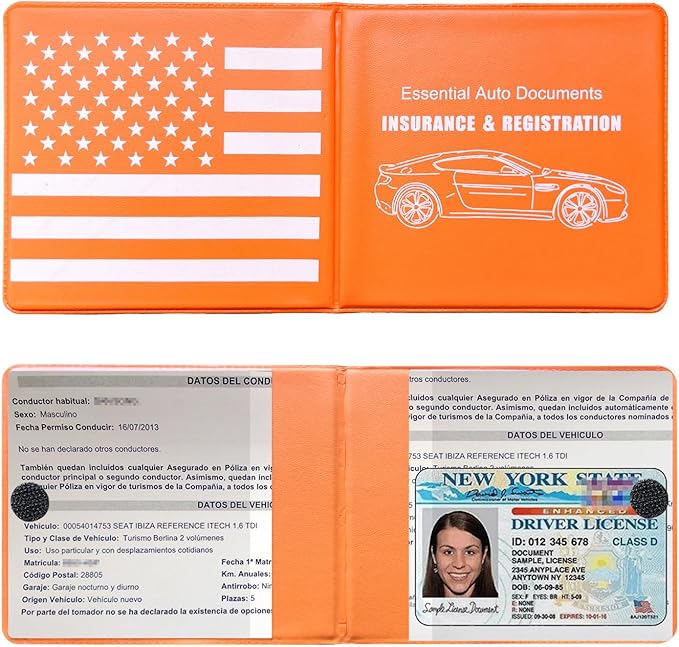 Ziciner Car Registration Insurance Holder, 2Pack Essential Auto Card Document Glove Box Organizer with Touch Fastener, Vehicle Interior Accessories Perfect for Most Car, Truck, SUV (Orange/Back Flag)