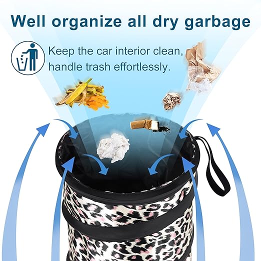 Kincown Car Trash Can, 2 Packs Mini Collapsible Car Trash Bin for Front Back Seat, Pop up Car Garbage Can, Portable Car Trash Bag Hanging for Vehicle SUV Rv Truck Accessories Interior, Leopard Print
