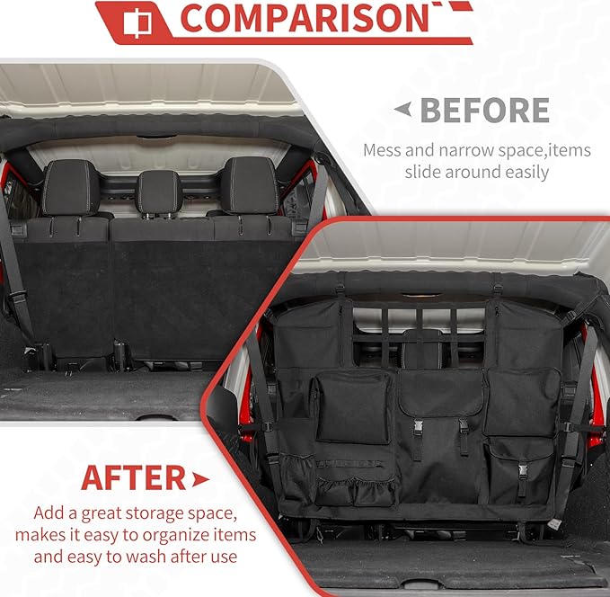 for JKU JLU Rear Trunk Organizer Bag Backseat Haning Cargo Organizer with Multi-Pockets Tool Kits fit for Jeep Wrangler JKU JLU