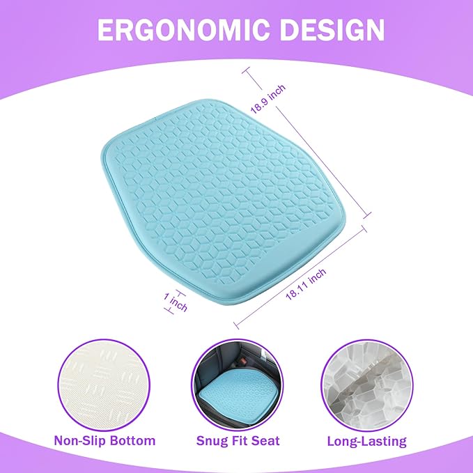 Thin Gel Seat Cushion for Car Seat, Office Chair, Wheelchair, Golf Cart - Non-Slip Car Seat Cushions with 0.7 Inch Gel - Sciatica & Coccyx Pain Relief (Fabric, Blue)