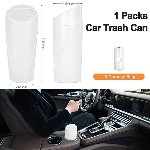 Kincown Car Trash Can, Mini Car Trash Bin with Lid, Leakproof Cup Holder Car Garbage Can with 20 Trash Bags, Vehicle Front Back Seat Organizers and Storage for Car, Home, Office, White