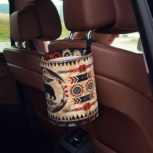 Native American Bear Car Trash Can Garbage Cans Foldable,Cute Hanging Car Organizer and Storage Bag Leak Proof, Auto Back Seat Trash Bin Universal for Truck, SUV, Outdoor Travel