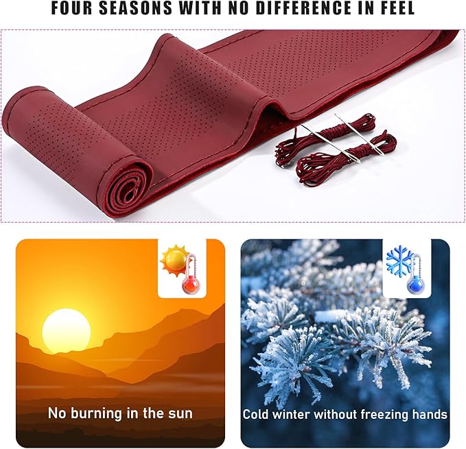 Ziciner Genuine Leather Steering Wheel Cover, Stitch on Wrap, Breathable Anti-Slip Car Steering Wheel Protector for Max Diameter 15 Inch, DIY Sewing with Needles Thread (Wine Red, Middle Hole)