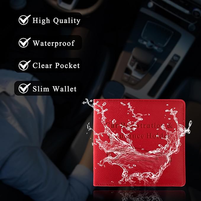Car Registration and Insurance Holder, 5.51" × 5.11" Premium Leather Vehicle Glove Box Organizer with Magnetic Closure, Auto Document Holder for Cards Paperwork and Drive License (Red-B)