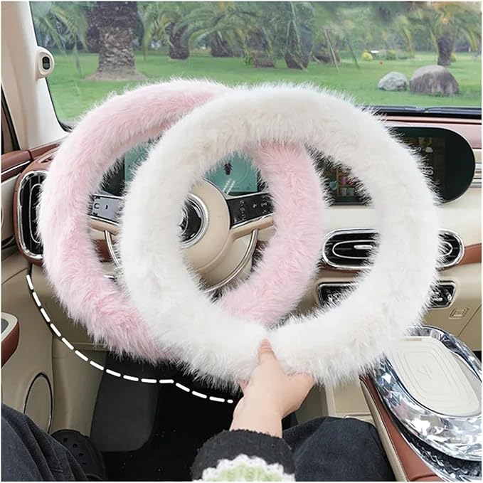 Car Steering Wheel Cover Handlebar Cover for Girls Winter Plush Warm Non-Slip Simple Women's Pink Handlebar Cover(Plush Simple Black)