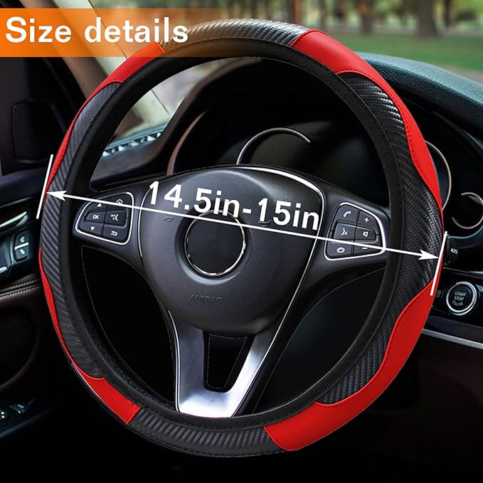 Car Steering Wheel Cover, 15 inch Carbon Fiber Microfiber PU Leather Elastic Steering Wheel Protector for Unisex, Anti-Slip Breathable Car Interior Accessories for Most Cars (Red)