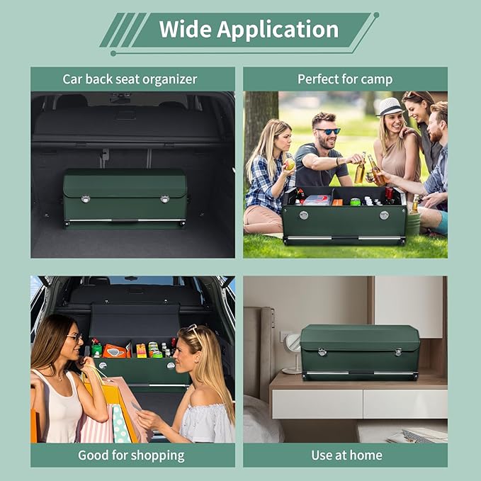 XCF Car Trunk Organizer, Leather Trunk Organizer with Lid and Push-pull Handle Car Trunk Storage Box for SUV, Minivan, Truck, Sedan (Green, 27.1 x 11.4 x 12.2in)