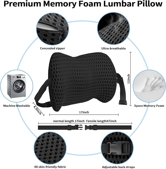 sproerden Lumbar Support Pillow with Adjustable Straps for Lower Back Pain Relief. Memory Foam Lumbar Support Pillow for Car, Bed, Office Chair, Gaming Chair, Recliner, Improves Posture Black