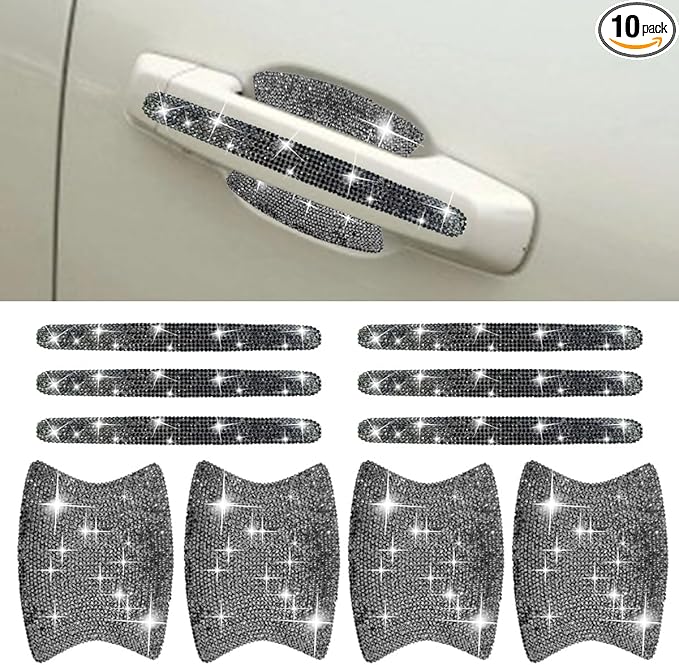 10PCS Bling Car Door Handle Protector, Crystal Rhinestone Anti-Scratch Car Bowl Decoration Sticker Decal, Universal Auto Exterior Door Protective Covers Accessories for Women (Mineral Black)