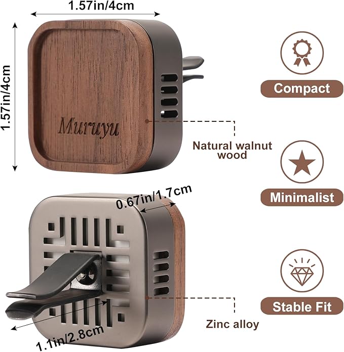 Muruyu Car Diffuser, Walnut Wood & Zinc Alloy with Magnetic Closure, Refillable DIY Scent Personalization, Elegant Car Air Freshener Vent Clips for Gift (Essential Oils Not Included)