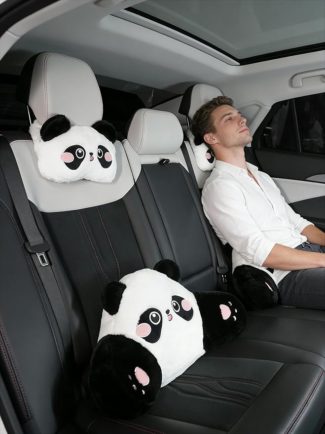 Cute Panda Car Pillow – Plush Neck Support & Lumbar Cushion, Soft Rabbit Fur Material for Headrest & Back Seat Comfort(Set of 2)