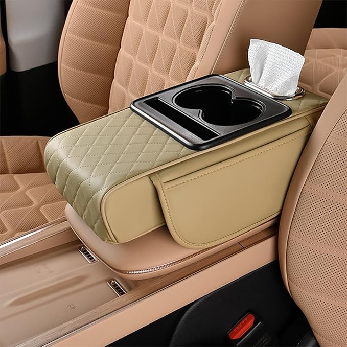 Car Armrest Pad for Nissan Altima 2013-2018, PU Leather 5-in-1 Armrest Storage Box Center Console Cover Armrest Cushion Arm Rest Cushion Pads with Cup Holders and Tissue Box, E/Beige