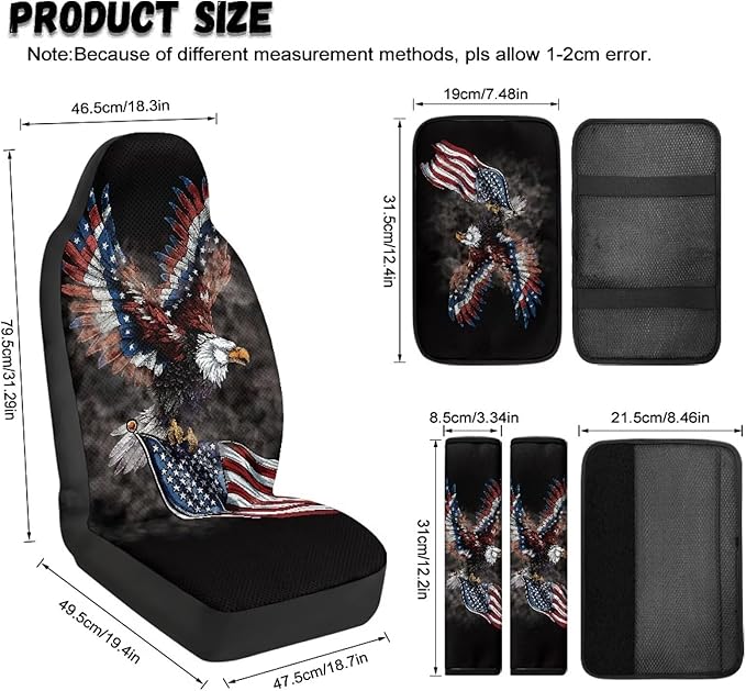 Qeluxign Air Mesh Car Seat Covers & Accessories American Flag Bald Eagle 5-Piece Set 2 Seat Covers, 2 Shoulder Belt Pads, 1 Console Pad PU Leather Car Interior Set for Women