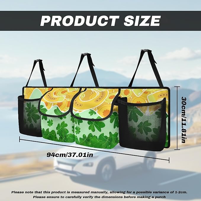 CLOHOMIN Green Leaf Car Trunk Organizer St. Patrick's Day Car Storage Organizer Washable Backseat Hanging Large Storage with Adjustable Strap Collapsible Car Storage Bag for Sedans, Trucks, SUVs