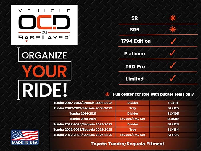 Vehicle OCD - Center Console Organizer Tray for Toyota Tundra (2007-2021) / Toyota Sequoia (2008-2022) - Made in USA - SLX125