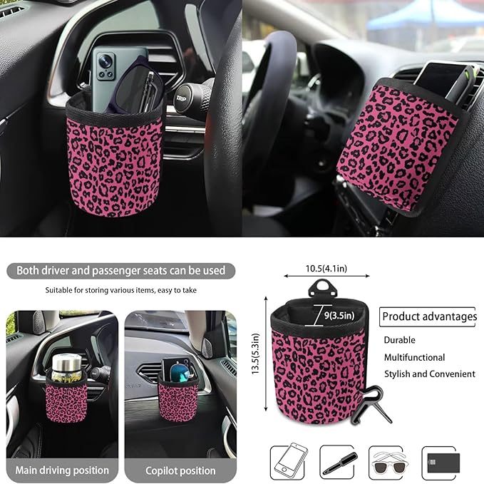 Panda Printed Car Interior Cover Sets, Set of 10, Includes Car Front and Rear Seat Protector, 15 Inch Steering Wheel Cover, Coaster, Trash Can, Air Vent Storage Bag, Keychain