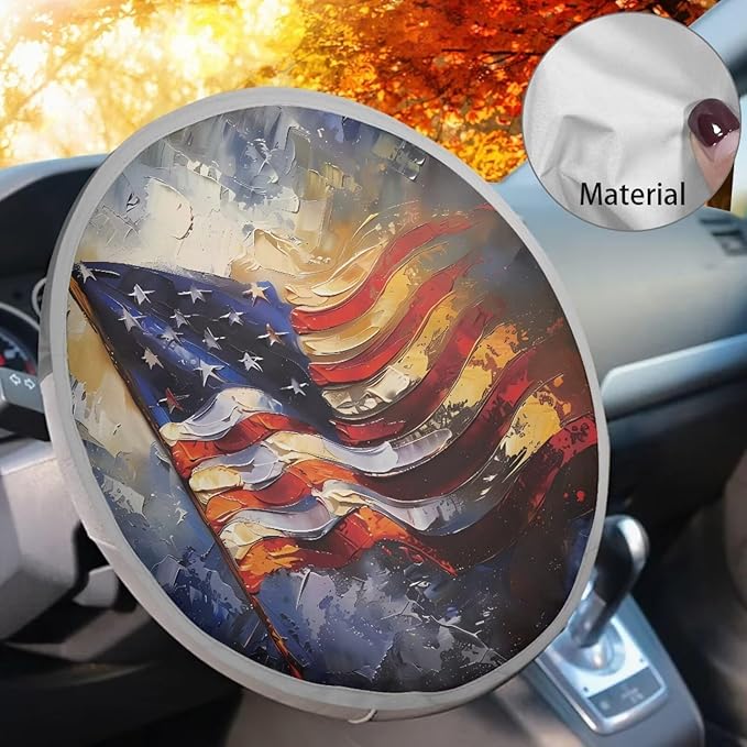 American Flag Steering Wheel Sun Shade Cover Anti-Heat Waterproof Steering Wheel Sunshade Cover 17"x17" Universal Fit, UV Rays Sun Visor Protector