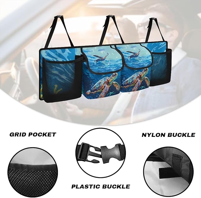 Car Trunk Organizer, Sea Turtle Car Organizers and Storage Backseat Car Organizer for SUV/Truck/MPV, Hanging Car Organization with 4 Pocekts, Frees Trunk Floor, Sturdy Space Saving Expert