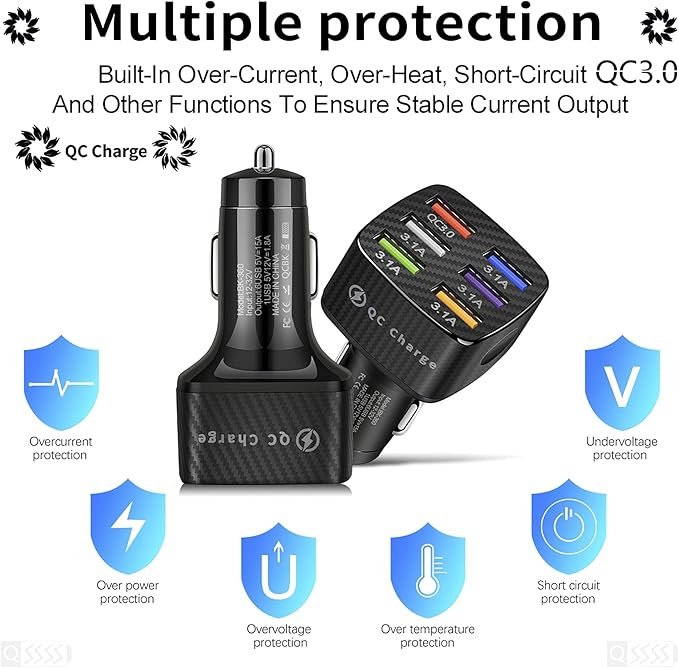 Amiss Car Charger Adapter, 6 USB Multi Port, Fast Charger, Include QC 3.0 and 5 Other Ports, Car Interior Accessories, Fit for iPhone 13/12/11/pro, Samsung Galaxy/Note S10/S9/S8 - Black（2PCS）