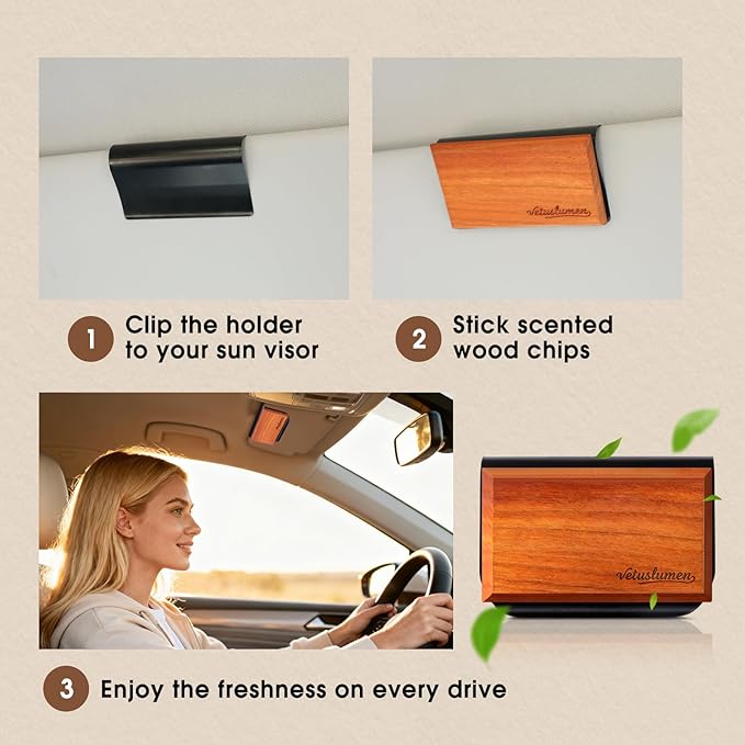 Vetuslumen Car Air Freshener - 3 Pack (Amber-Teak-Pine) Wooden Air Freshener, Natural Essential Oil Scents, Car Accessories for Women, Smell Good Premium Automotive Gift Set - Metal Clip Included