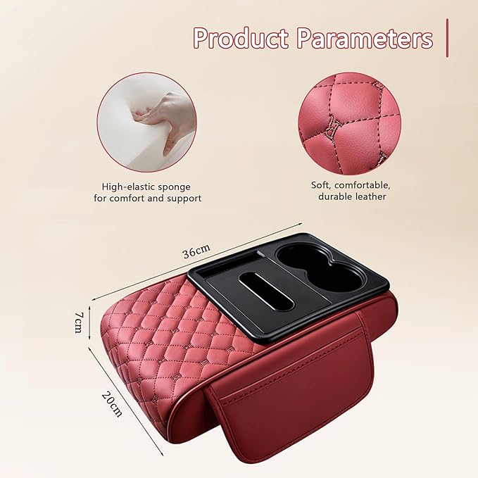 Car Center Console Cover for Lucid Gravity – 5-in-1 Leather Armrest Cushion Pad with 2 Storage Bags, Holds Cups, Phone, Tissues, Car Interior Accessory,B Brown