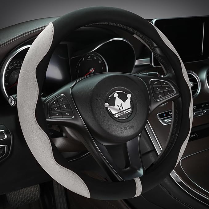 Luxury Suede Steering Wheel Cover for Cars, Soft Leather Padded Wheels Cover for Sedan, SUV, Thin Car Handle Cover, Universal Fit, Anti Slip, 14.75-15.15in, Gray