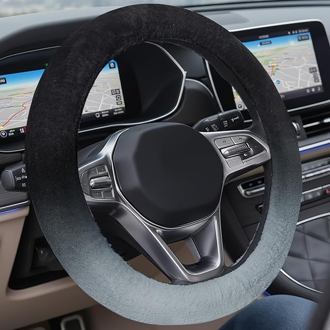 Coverado Steering Wheel Cover, Anti-Slip Fluffy Car Steering Wheel Cover for Winter Warm, Universal 14-15 inch, Soft Plush, No Odor, Luxurious Decoration for Women Men, Gradient Gray