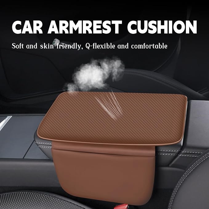 Car Armrest Cover Pad - Nappa Leather Car Center Console Cover with Breathable Holes, Non-Slip Auto Arm Rest Cushion, Universal Car Interior Accessories Fit forTesla Model Y Most Cars (Dark Brown)
