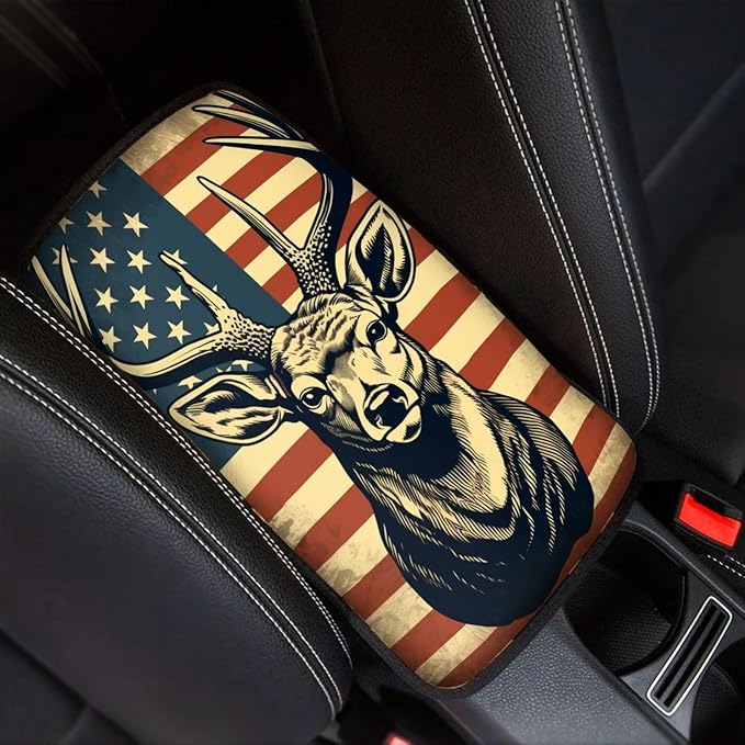 Car Center Console Pad, Universal Waterproof Car Armrest Seat Box Cover, Car Interior Accessories for Most Vehicle SUV Truck Vintage American Flag Moose Car Armrest Pad
