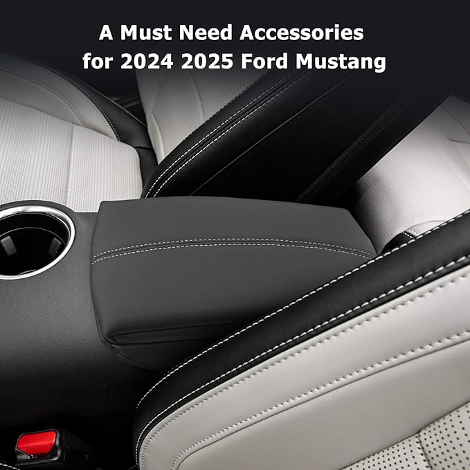 Mustang Center Console Cover Compatible with 2024 2025 Ford Mustang Accessories Mustang Armrest Cover Center Console Pad 2025 Mustang EcoBoost Premium/GT Armrest Console Cover Soft Leather,Gray Line