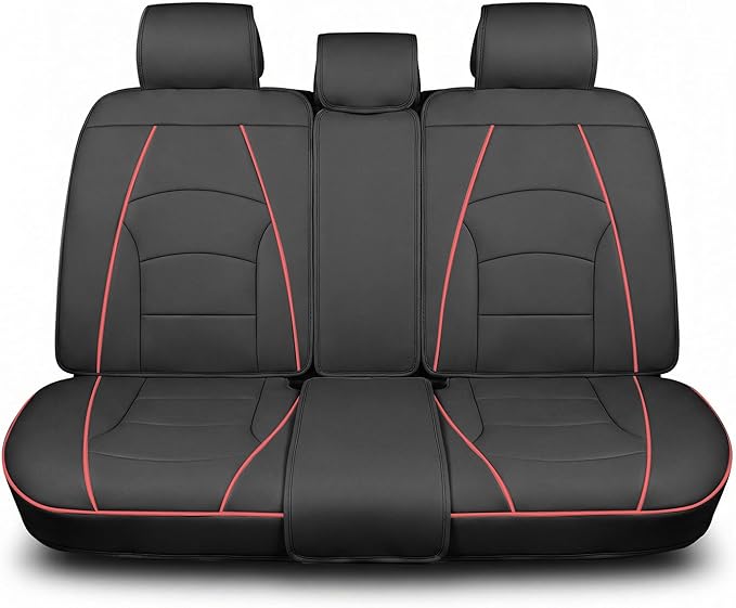 FH Group Back Seat Faux Leather Car Seat Cover - Universal Fit, Rear Seat Covers for Cars with Rear Split Bench, Car Seat Cushions for SUV, Sedan, Van, Black Red Trim