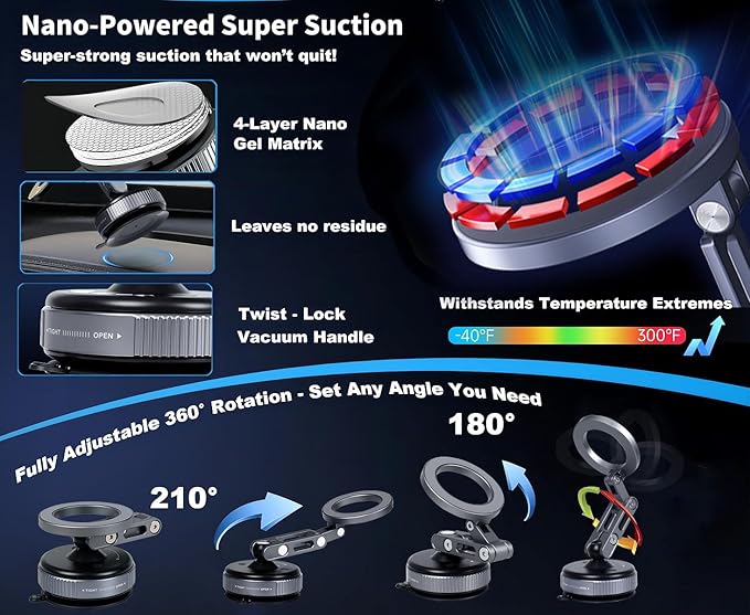 Vacuum Magnetic Car Phone Mount for MagSafe, 360° Adjustable Ball Joint, Strong Suction Cup Windshield Phone Holder with Aluminum Alloy Telescopic Arm
