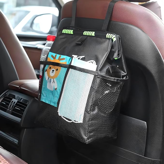 Car Trash Bag, Leak-Proof Large Capacity 3.4 Gallons Hanging Vehicle Trash Bin with Storage Pocket, Multipurpose Portable Auto Garbage Bag for Travel, Universal Fit (Black)