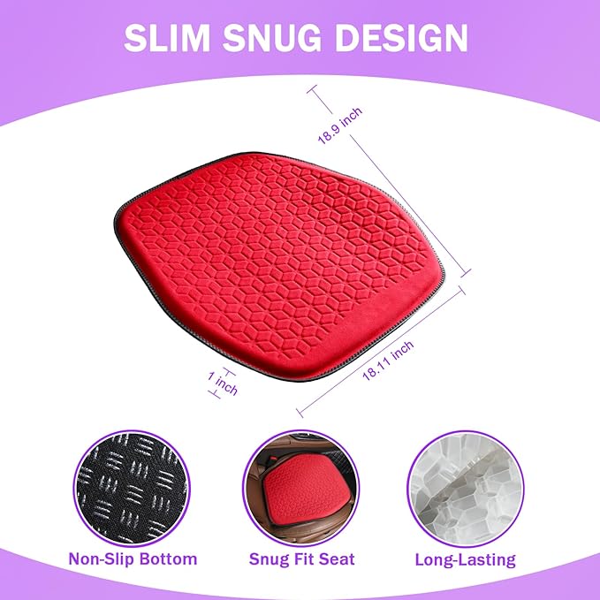 Thin Premium Gel Seat Cushion for Car Seat, Office Chair, Wheelchair, Golf Cart - Non-Slip Car Seat Cushions with 0.7 Inch Gel - Sciatica & Coccyx Pain Relief (Suede, Red)