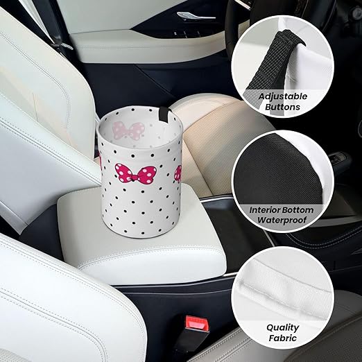 Cute White Dots Pink Bow Car Trash Can Garbage Cans Foldable,Small Hanging Car Organizer Storage Bag Leak Proof, Auto Back Seat Trash Bin Universal for Truck, SUV, Outdoor Travel