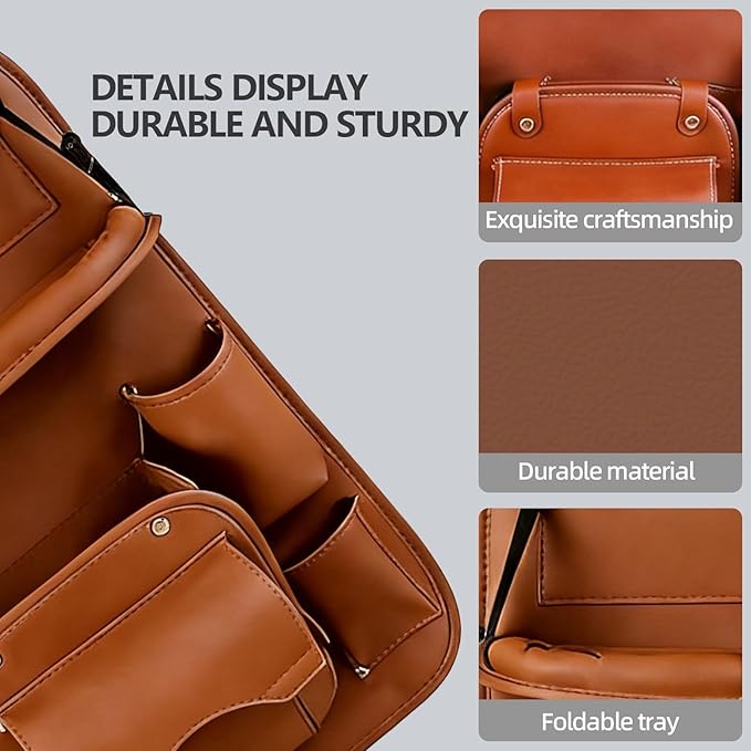 Car Seat Organizer, Multifunctional Backseat Protector Mat, Storage Bag and Tray Rack, Trash Storage (Suitable for Cars, Children, Back of Seats, and Rear Seats) (Brown, Leather 1-Piece Set)