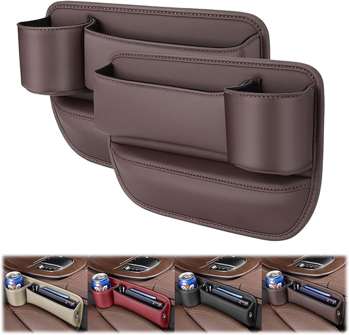 Peticehi Car Leather Cup Holder Gap Bag, No Logo Leather Car Seat Storage Box with Water Cup Holder, Car Seat Gap Filler Organizer (for 1 Pair,Brown)
