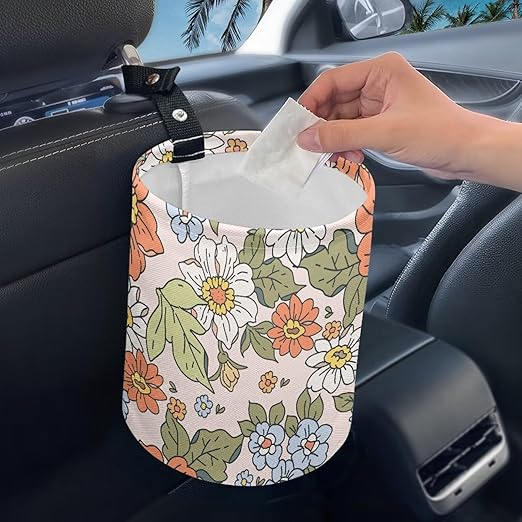 Brosoneto Collapsible Portable Green Car Trash Can With Bags - Flowers & Leaves - Interior Universal
