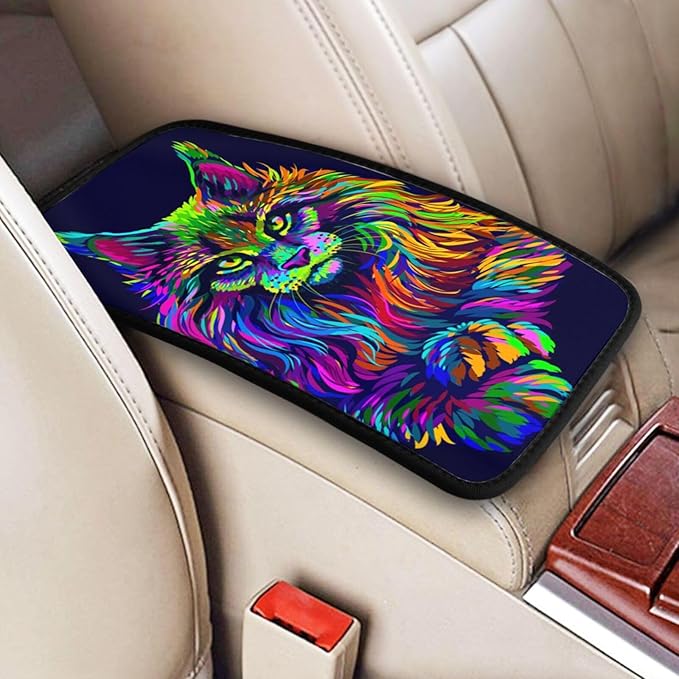 Neon-Colored Maine Coon Cat Portrait Universal Center Console Armrest Cover Pad Car Armrest Protector for Most Cars, Suvs & Trucks, Cushion with Easy Installation