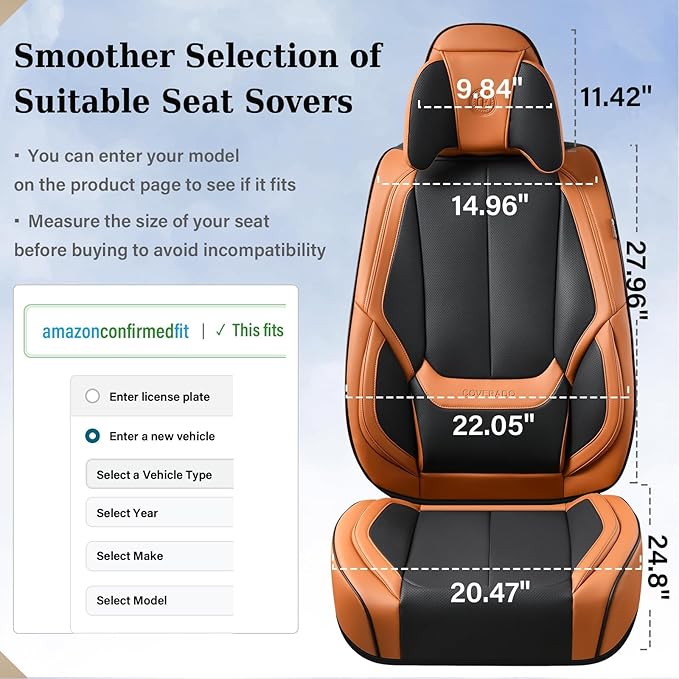 Coverado Universal Seat Covers Front, 2-Pack Universal Seat Covers for Cars, Waterproof Nappa Leather Car Seat Covers with Head Pillow, Auto Protectors Fit for Most SUV Pick-up Truck-Black&Brown