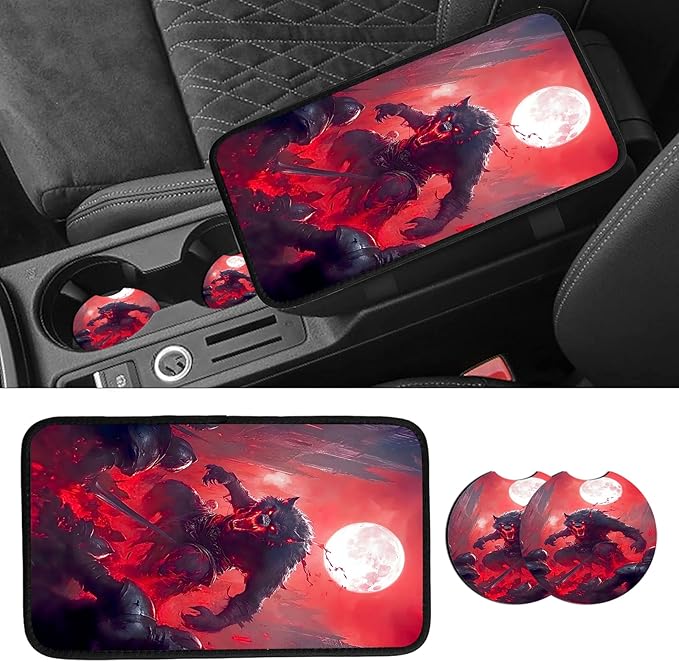 JANENFNA Car Armrest Cover Pads Universal Fashion Cute Auto Center Console Armrest Cover Pad with 2PCS Car Coasters Soft Waterproof Car Armrest Seat Protector for Women,Blood-Colored Giant Wolf
