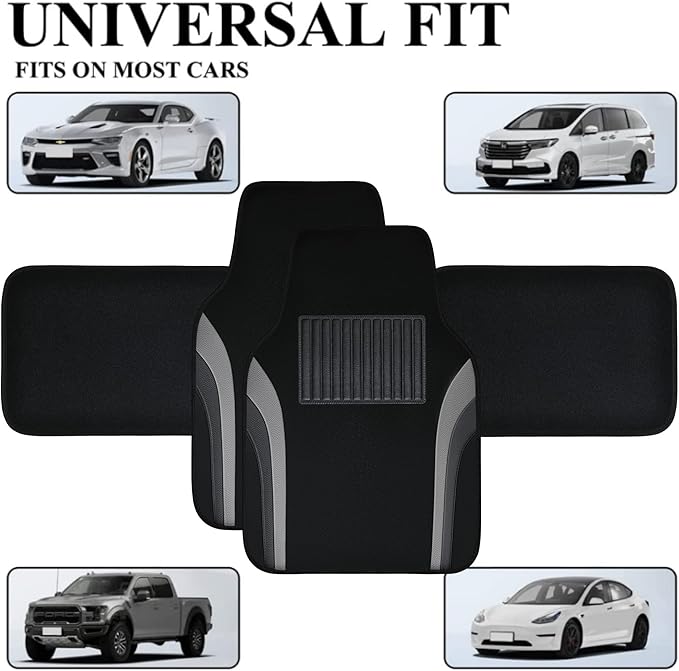 CAR PASS Leather Waterproof Sporty Car Floor Mats Carpet,Universal Automotive Floor Mat Fit for Sedans, Cars, Mid Trucks, Vans, SUV, Set of 4 (Black and Gray)